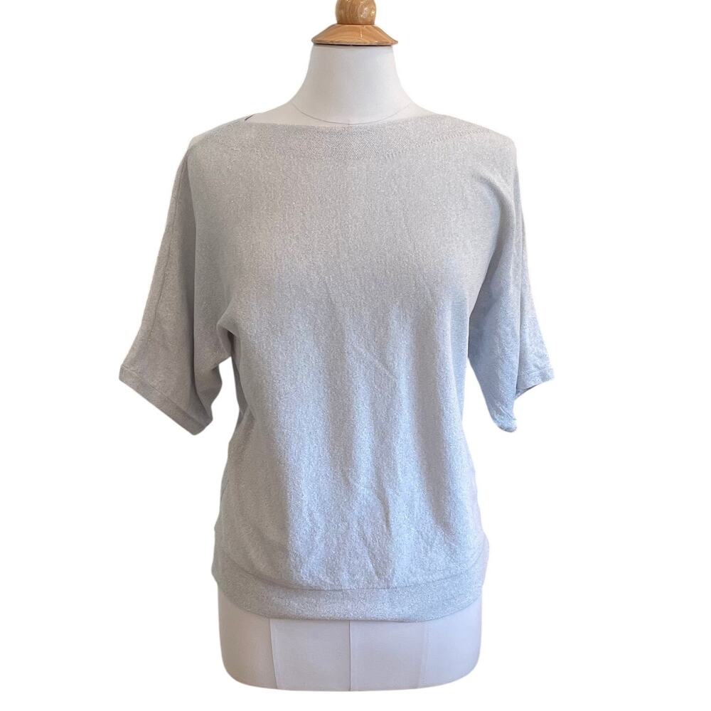 Talbots Silver Metallic Shimmer Short Sleeve Sweater, Glam, Holiday, Size L